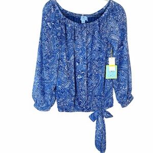 CeCe Blue Paisley Long Sleeve Blouse with Tie Detail | M | NWT!